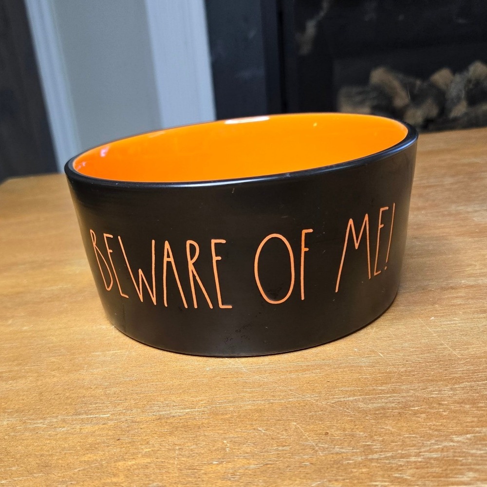 Rae Dunn Pet Bowl Small Black Orange Beware Of Me Halloween Spooky Ceramic